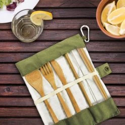 Bamboo Reusable Travel Cutlery Set With Cotton Pouch