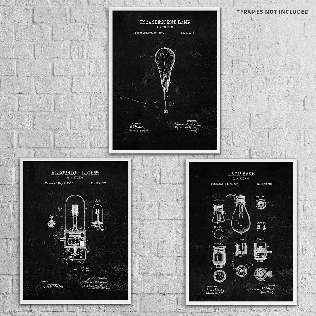 Light Bulb Patent Prints Wall Art | Set Of 3 3 Light Bulb Patent Prints Wall Art | Set Of 3