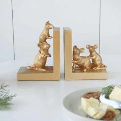 Gold Mouse Bookends Set | White Moose